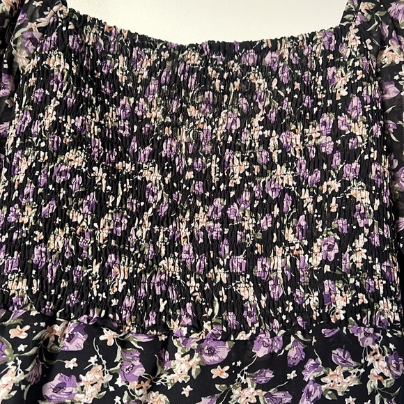 ASTR RUCHED SWEETHEART 3/4 SLEEVE ASYMMETRICAL BLACK PURPLE DITSY DRESS - Picture 6 of 7